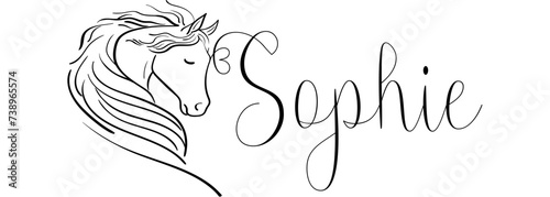 Sophie - black color - name written - vector graphics with stylized horse with heart - for websites,, greetings, banners, cards,, t-shirt, sweatshirt, prints, cricut, silhouette, sublimation	
