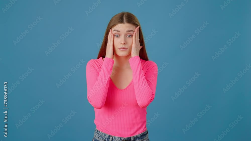 Portrait of woman suffering from migraine, touching head, saying no, having problems Portrait of woman suffering from migraine, touching head, saying no, having problems