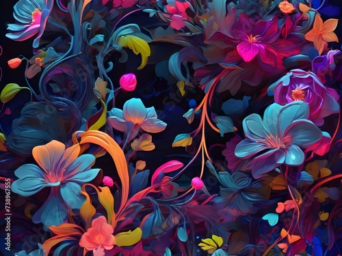 An abstract garden scene with surreal flowers and neon vine