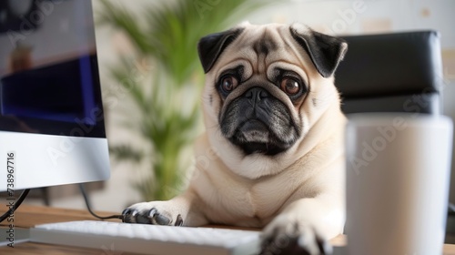 funny pug dog working with personal computer in office, cute doggy work with laptop and typing text
