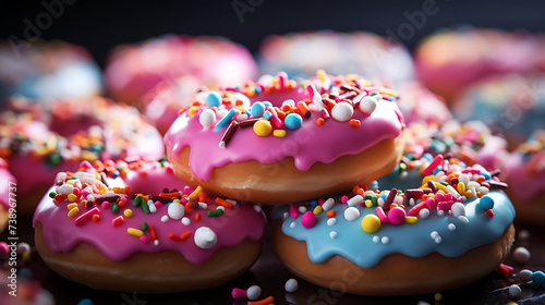 Dessert donuts, various colors, sprinkled with toppings on top