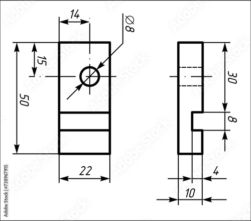 Vector engineering drawing of steel mechanical part 
with through holes and dimension lines. Industrial 
cad scheme on white paper sheet. Technology background.