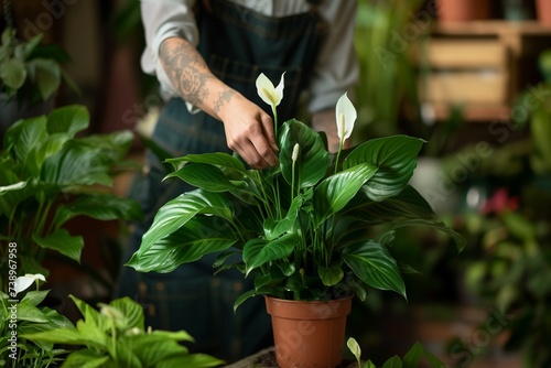 Spring Houseplant Care, Waking Up Indoor Plants for Spring. Female hands spray and washes the leaves of Dracaena fragrans house plants at home. Garden room, Biophilia trend, Living with Nature