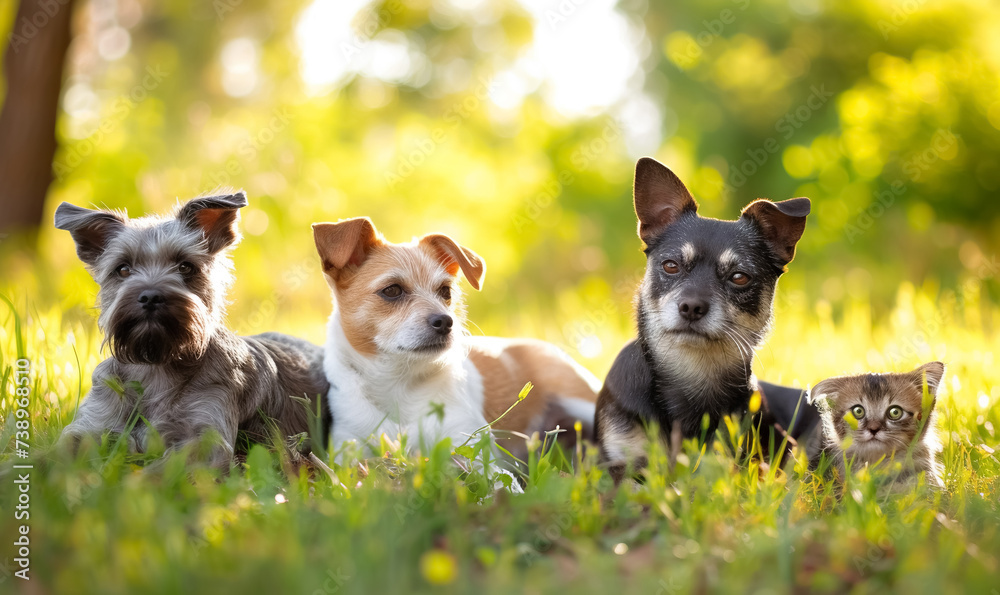 cute domestic pets hugging and have fun together, friendship of cats and dogs, adorable animals cute domestic pets hugging and have fun together, friendship of cats and dogs, adorable animals