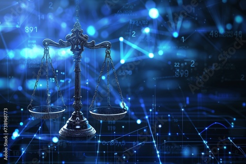 Unbiased artificial intelligence, Scales of Justice in Digital World Concept. Digital illustration Scales on futuristic blue data network background. Fairness and equality in ethical AI systems