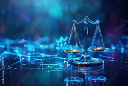 Unbiased artificial intelligence, Scales of Justice in Digital World Concept. Digital illustration Scales on futuristic blue data network background. Fairness and equality in ethical AI systems