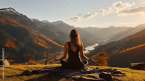 WOman meditating in mountines photo
