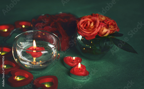 Bouquet of roses, candles and gifts, card for February 14, Valentine's Day, March 8, International Women's Day, wedding, birthday, mother's day, blurred background, bokeh.