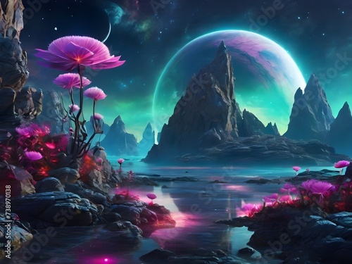 A cosmic aurora over an alien landscape with floating rocks and exotic plants