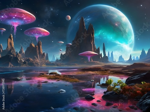 A cosmic aurora over an alien landscape with floating rocks and exotic plants