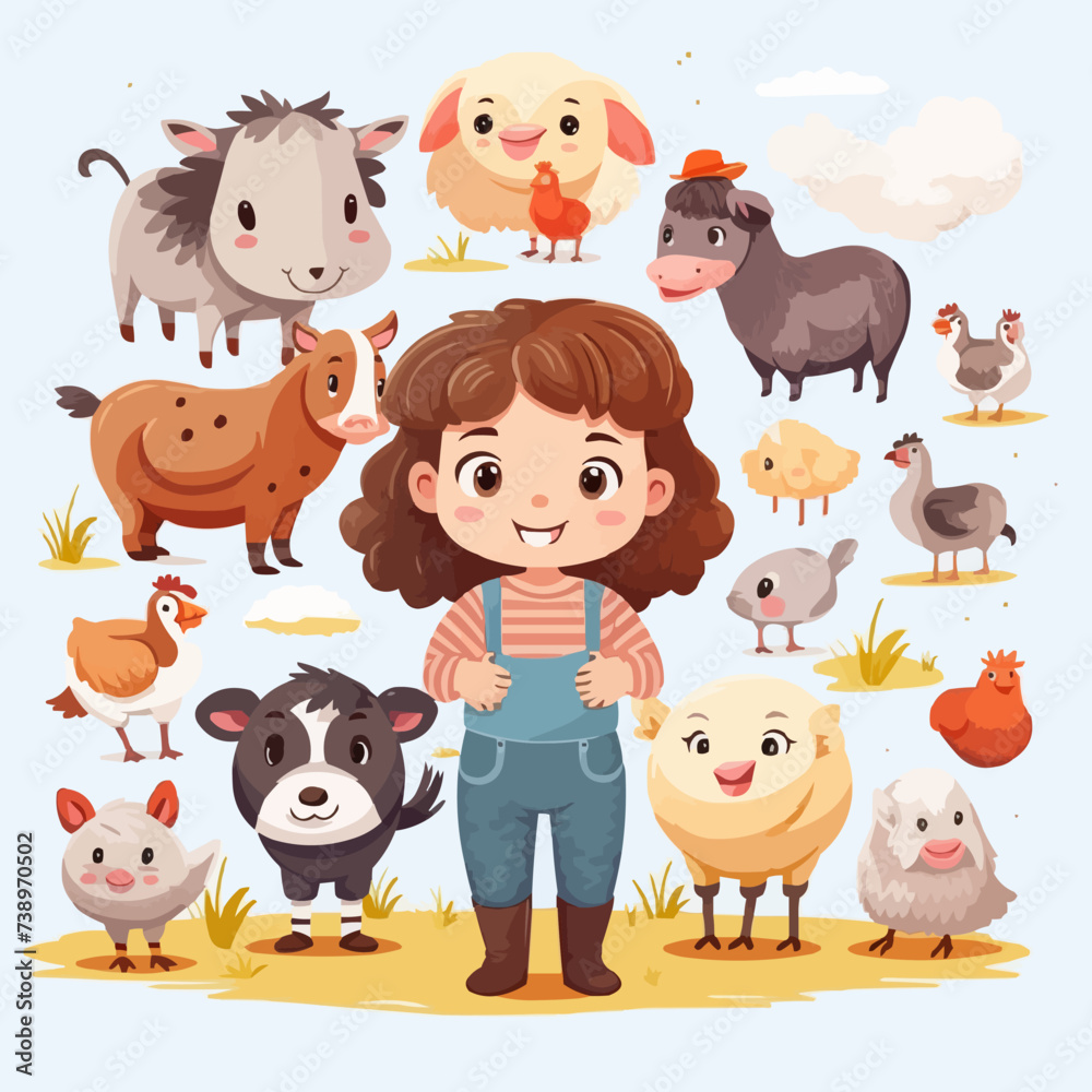 Cartoon kids and farm animals isolated white background. Farm animals care. Cute countryside illustration with horse, sheep, cow, heh, pid, chicken, goose and baby animals Cartoon kids and farm animals isolated white background. Farm animals care. Cute countryside illustration with horse, sheep, cow, heh, pid, chicken, goose and baby animals