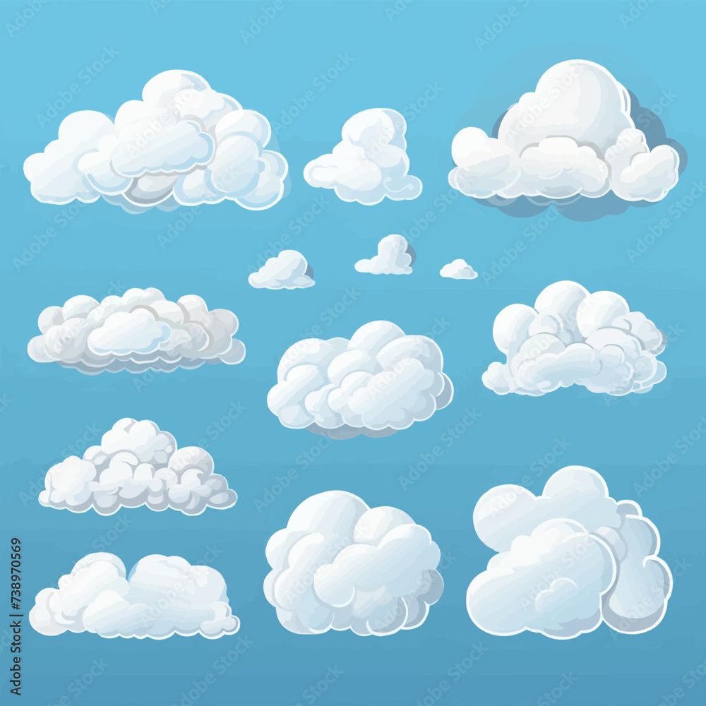 Cartoon white clouds icon set isolated on blue background. Cloudscape in flat style. Blue sky cloud weather symbol. Vector illustration