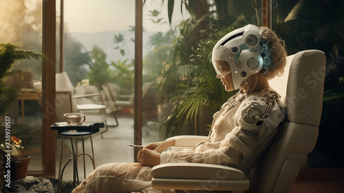 Futuristic Relaxation: Individual with Advanced Technology Helmet
