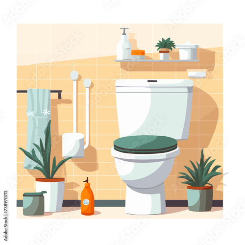 Ceramic flush with seat and tank, toilet paper holder, closet brush in WC. Clean lavatory, loo and hygiene sanitary equipment for restroom. Flat vector illustration isolated on white background
