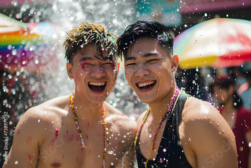 A gay male couple is joyously engaged in Songkran's water festivities