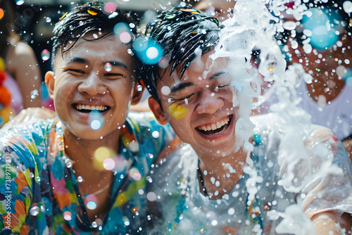A gay male couple is joyously engaged in Songkran's water festivities © Rax Qiu