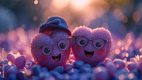Two sparkling heart characters with glasses nestled in purple flowers under soft lighting. This image is perfect for: romance, valentine’s day, love, whimsical scenes, fantasy. photo