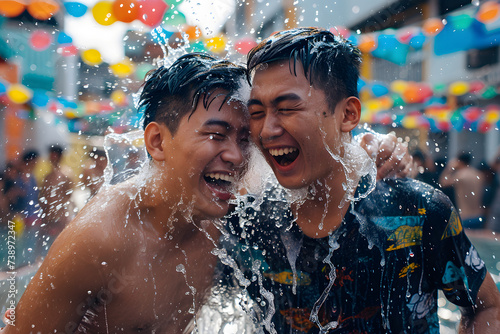 A gay male couple is joyously engaged in Songkran's water festivities © Rax Qiu