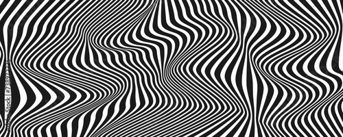 Black and white abstract background. Waves shape decoration. Optical illusion stripes style. Modern graphic design element with distorted lines concept for web, poster, flyer, card cover, or brochure