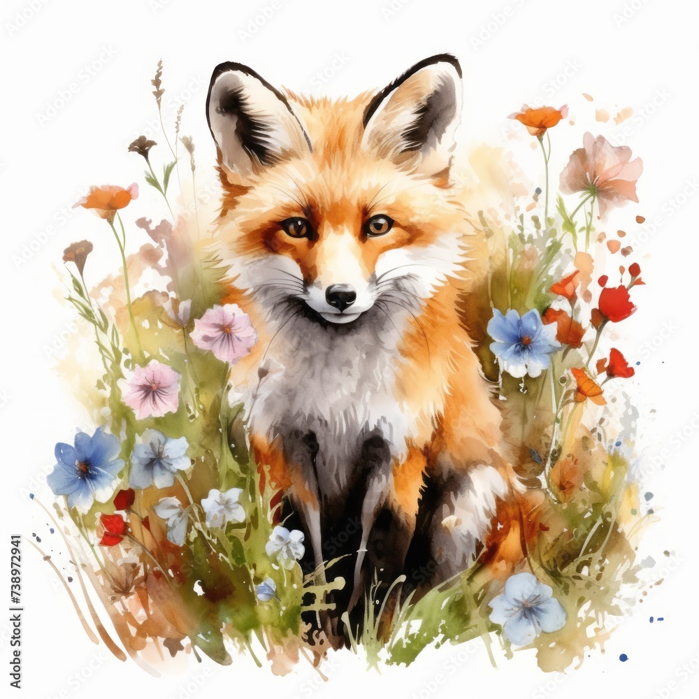 Naklejka premium Fuchs Blumenwiese Aquarell Tierportrait Natur Kunst Illustration Wildtier Wanddeko Schlafzimmer Wohnzimmer Einzigartige Kunst Geschenk für Tierfreunde