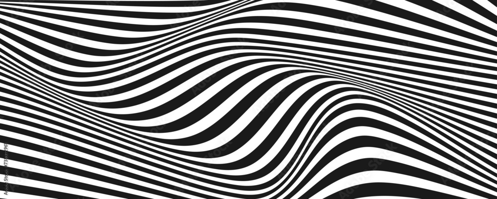 Black and white abstract background. Waves shape decoration. Optical illusion stripes style. Modern graphic design element with distorted lines concept for web, poster, flyer, card cover, or brochure - obrazy, fototapety, plakaty 