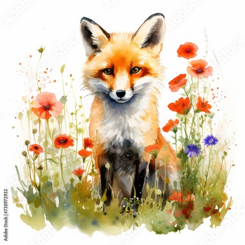 Fuchs Blumenwiese Aquarell Tierportrait Natur Kunst Illustration Wildtier Wanddeko Schlafzimmer Wohnzimmer Einzigartige Kunst Geschenk für Tierfreunde