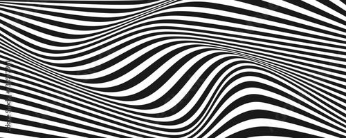Black and white abstract background. Waves shape decoration. Optical illusion stripes style. Modern graphic design element with distorted lines concept for web, poster, flyer, card cover, or brochure