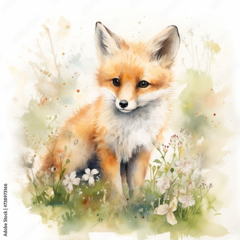 Obraz premium Fuchswelpe Aquarell Niedlich Jungtier Blumenwiese Natur Illustration Tierkunst Wandbild Kinderzimmer Dekoration Geschenkidee für Tierliebhaber