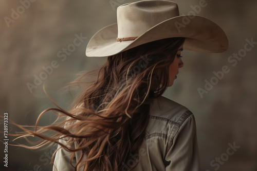 Close-up portrait of a young woman with long brown hair wearing a cowboy hat and western shirt - isolated, neutral studio background photo