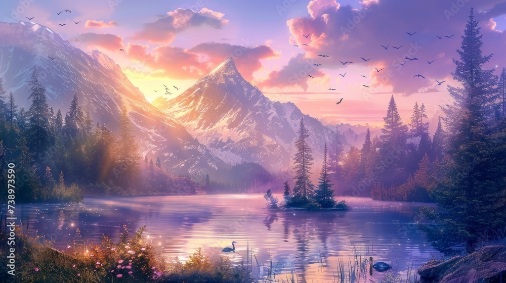 majestic landscape with a large lake and large mountains with green pine trees and a purple sunset in high resolution and quality