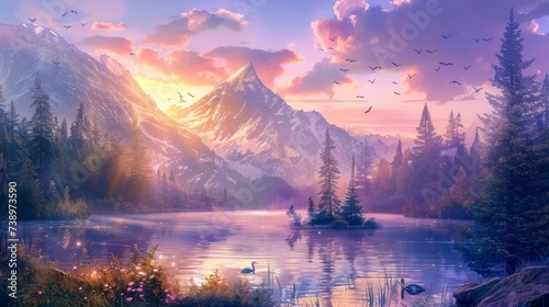 majestic landscape with a large lake and large mountains with green pine trees and a purple sunset in high resolution and quality