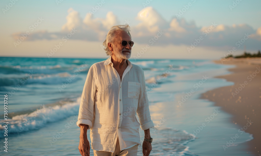 starszy mężczyzna w okularach przeciwsłonecznych dobrze ubrany w lnianą koszulę spaceruje po plaży nad ciepłym morzem - obrazy, fototapety, plakaty 
