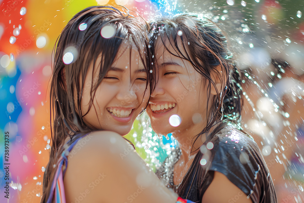 A female couple is joyously engaged in Songkran's water festivities