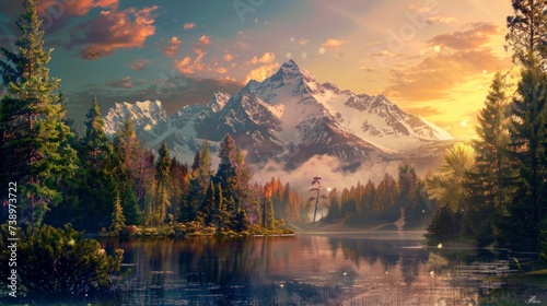 majestic landscape with a large lake and large mountains with pine trees photo