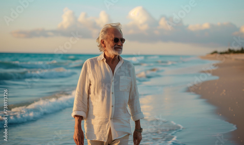 starszy mężczyzna w okularach przeciwsłonecznych dobrze ubrany w lnianą koszulę spaceruje po plaży nad ciepłym morzem