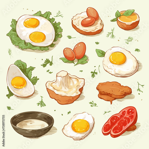 Hand drawn illustration of different ways to cook eggs. Fried egg, boiled egg, omelette, scramble egg. Vector.