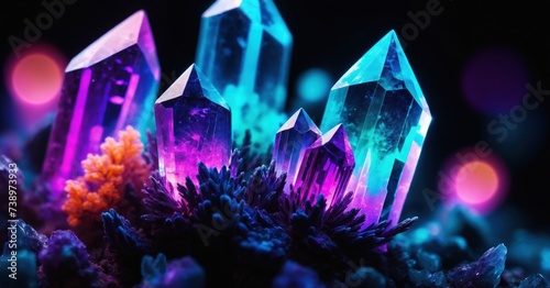 Multicolored crystals with glowing particles inside, close-up, selective focus. Growing from dark background. Magic mood. Treasure and natural beauty concept. Cinematic still photo illustration.