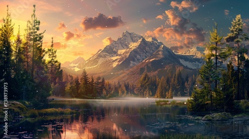 majestic landscape with a large lake and large mountains with green pine trees and a purple sunset in high resolution and quality. concept beautiful and amazing European landscapes, sunset