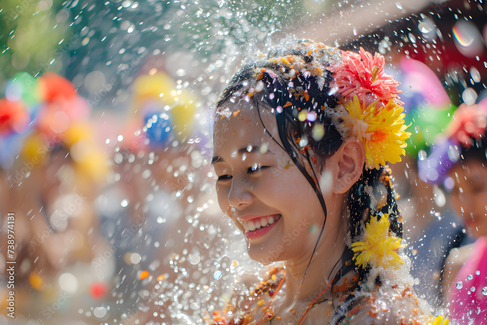 Naklejka premium Child in Songkran festival joy, with water play and festive vibes