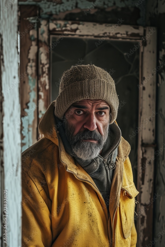 portrait of a homeless man looking intently at the camera in an abandoned house, photographic real quality --ar 2:3 --v 6 Job ID: 7df6a236-ac08-47bc-912c-32e9befffd7b