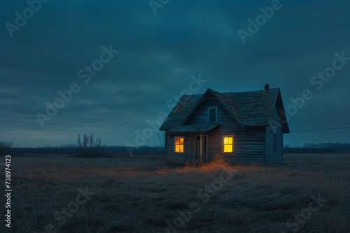lonely wooden two-story house stands in a field at night, there are lights in the windows, photographic real quality --ar 3:2 --v 6 Job ID: 334205c0-79a2-43df-8485-9be15c4e306a