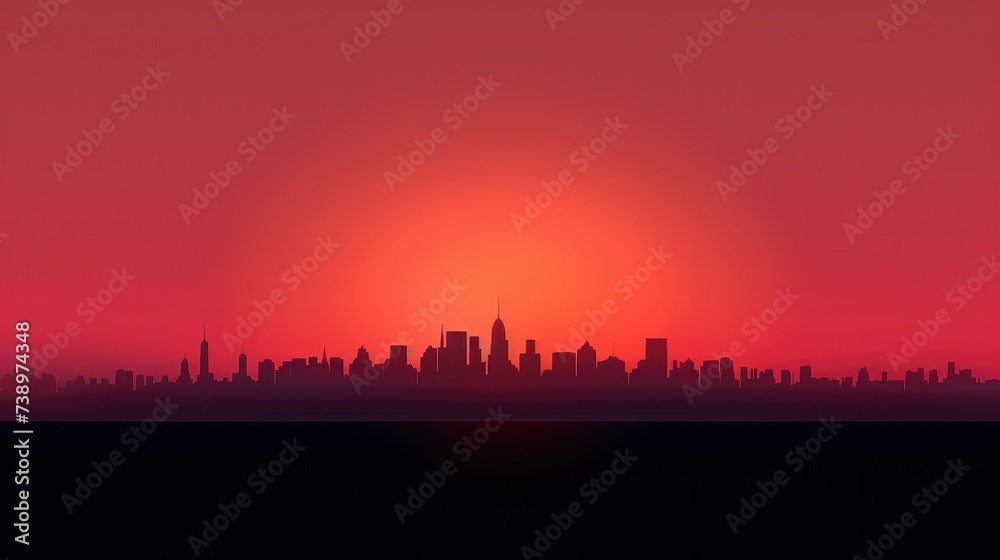 The city skyline is shown in a red sunset. Generative AI.