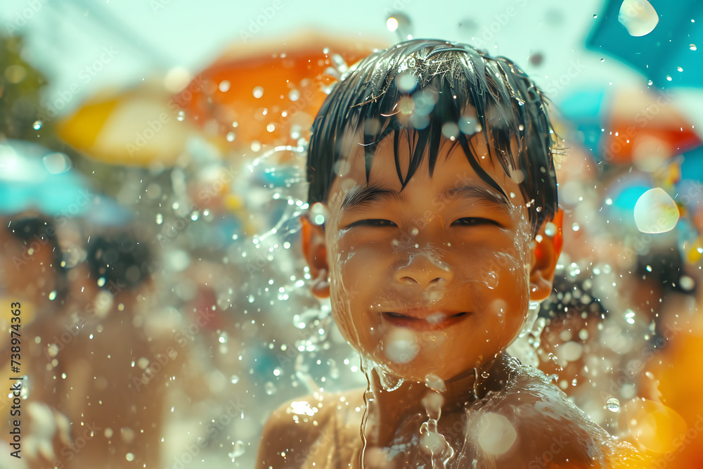 Child in Songkran festival joy, with water play and festive vibes