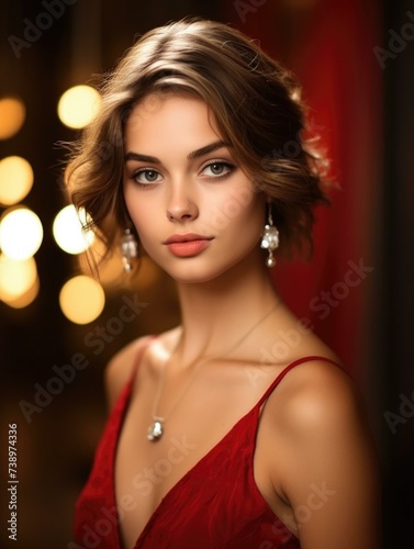 Beautiful woman in red dress with earrings. Generative AI. © serg3d