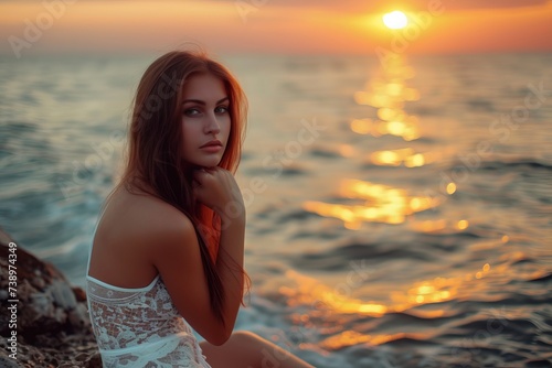 Young woman posing against the backdrop of sunset in the sea  photographic real quality --ar 3 2 --v 6 Job ID  3e0e0ec9-61b6-4cf6-a53d-2fd413e269f3