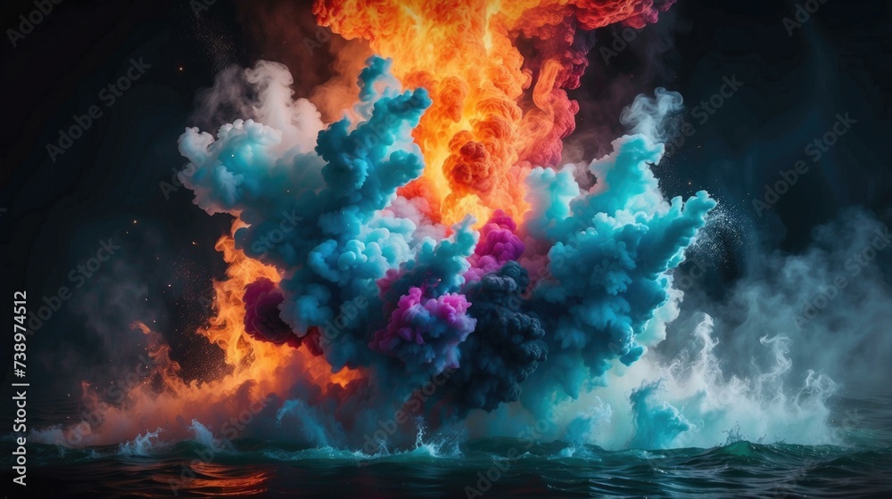 Colorful explosion of smoke and water on a dark background. Generative AI.