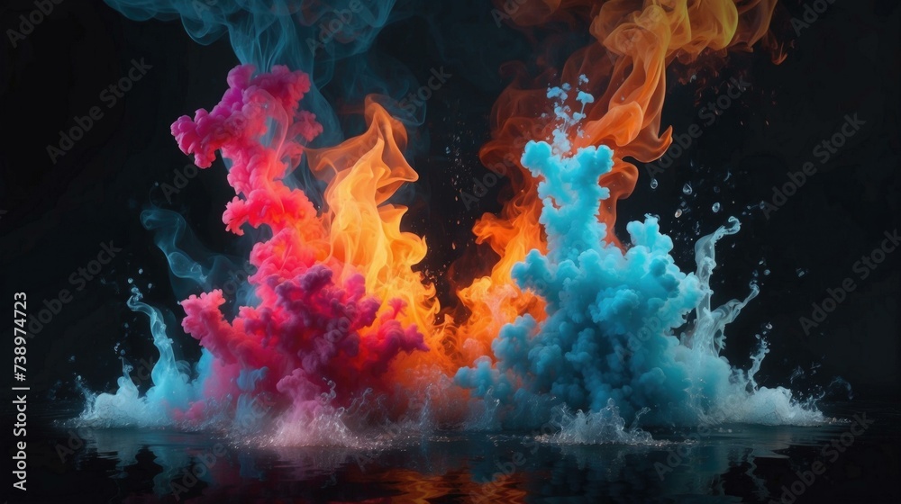 Colorful smoke and water on a black background. Generative AI.