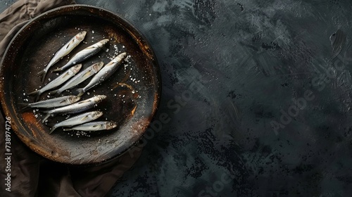 Anchovies in plate top view copy space dark background.