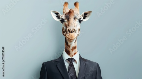 Quirky Giraffe Character in Stylish Business Suit With Long Neck Stretching Upwards on Plain Color Background