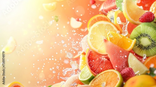 A vibrant assortment of fresh fruits creates a colorful background  symbolizing the richness of vitamins and natural nutrition.